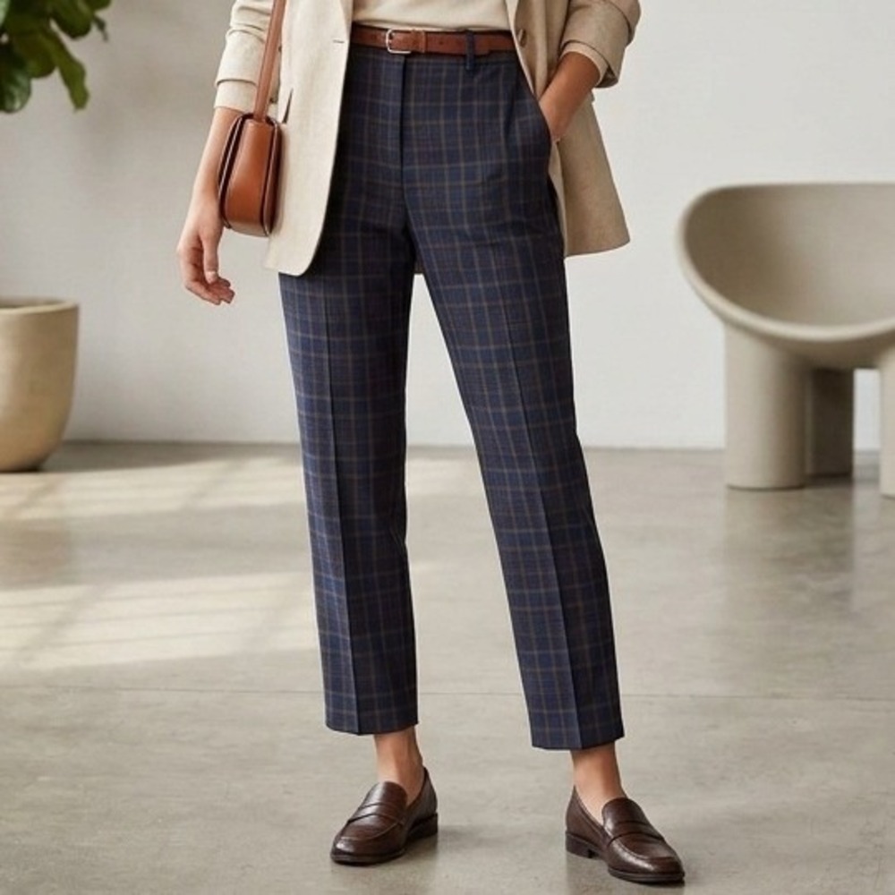 Aritzia Wilfred Cohen Pants Women 2 Navy Brown Plaid High Rise Tapered Trousers